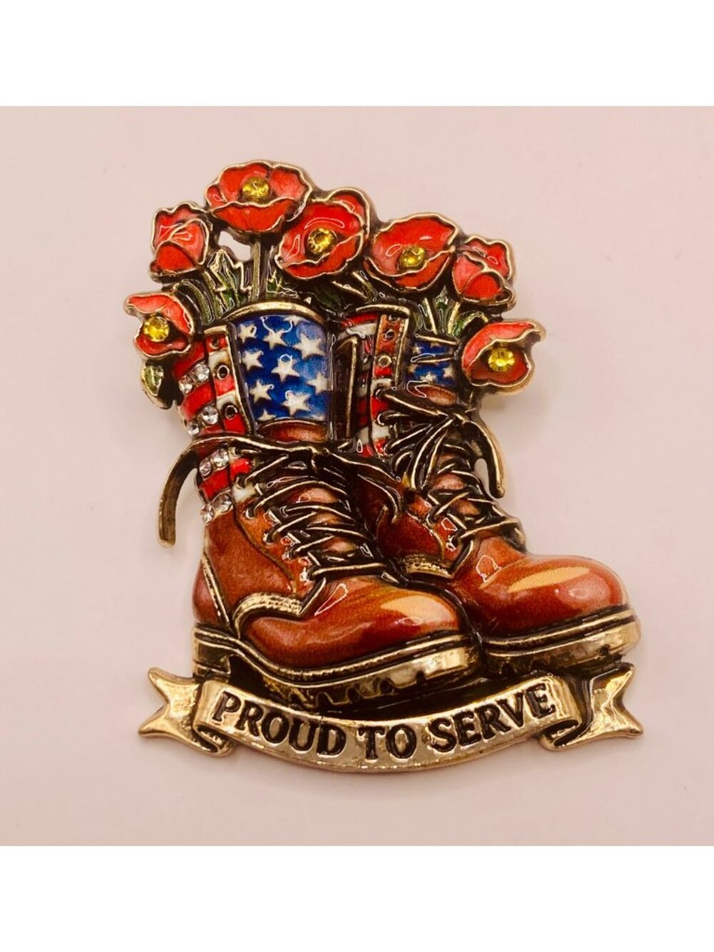 Proud To Serve Military Boots Enamel Brooch Pin Poppies & American Flag -31B